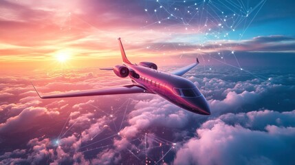 Fototapeta premium Private jet flying above clouds at sunset, connected by digital network