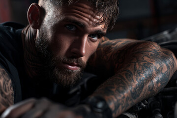 Bearded tattooed man with intense gaze leaning on machinery in moody lighting