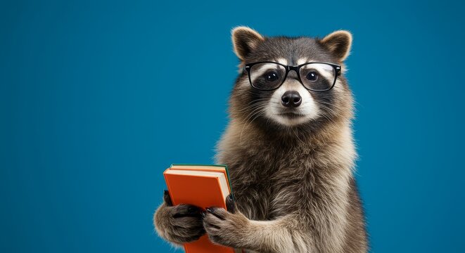 Raccoon Reading Books - A clever raccoon wearing glasses holds books against a blue background.  Perfect for education, intelligence, or animal themes.