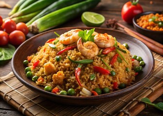 Delicious Indonesian Nasi Goreng: Close-Up Savory Fried Rice Dish Stock Photo