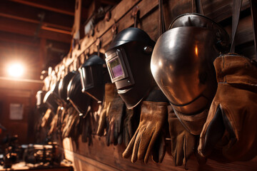 Welding helmets and gloves hanging neatly on wooden wall in warm workshop lighting