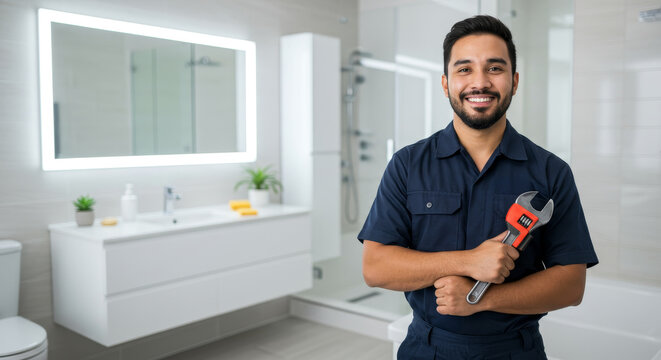 Reliable Plumber Service in Modern Bathroom - Happy plumber holding wrench in a stylish bathroom.  Professional plumbing repair and maintenance.