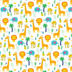 Obraz premium Cute Jungle Animals Seamless Pattern – Giraffe, Lion, Elephant & Tiger Cartoon Vector for Kids