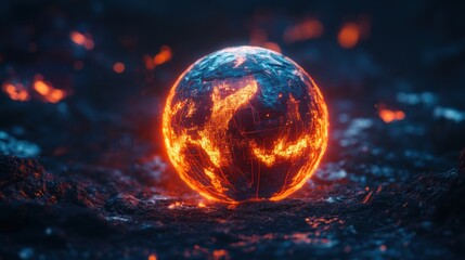 Fiery, glowing orb resting on a bed of embers