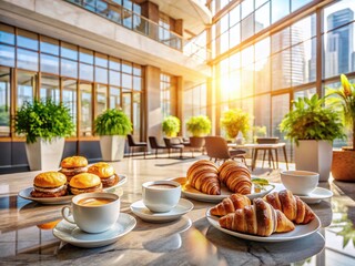 Delicious pastries and coffee served in a modern bank lobby, showcasing comfortable seating and upscale interior design.