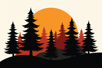 Obraz premium sunset-behind-silhouetted-pine-trees-in-a-peaceful.eps