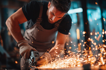 Strong man in overalls using angle grinder with flying sparks in industrial workshop