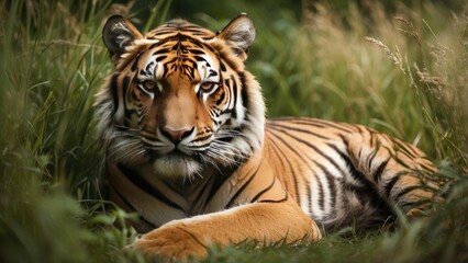 Majestic Bengal Tiger Resting in Wild Jungle Habitat