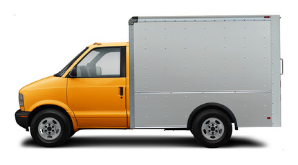 Classic compact american delivery truck side view. With white van and yellow cabin. In png format on transparent background.