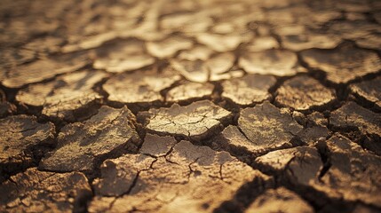 Dry cracked earth, drought, arid land, sunlit texture, environmental impact