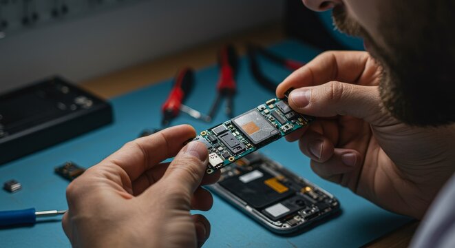 Smartphone Repair Technician Inspecting Circuit Board - Close-up of a technician carefully examining a smartphone's circuit board during a repair. High-quality ideal for technology and repair business