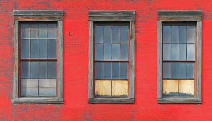 Fototapeta premium Three weathered windows on a vibrant red brick wall. Aged wood frames, worn paint