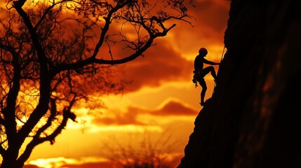 Climber ascends a rocky face at fiery sunset. Silhouette of a person scaling a cliff during a dramatic golden hour