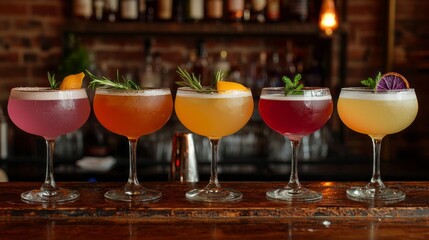 Obraz premium A row of five colorful cocktails are lined up on a bar counter