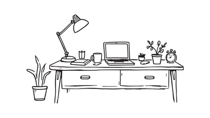Desk line art illustration capturing stylish and organized work area