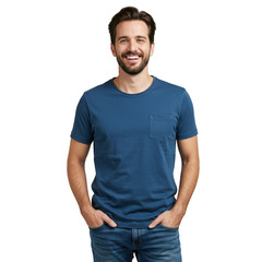 Fototapeta premium Smiling man in blue shirt portrait on transparent background