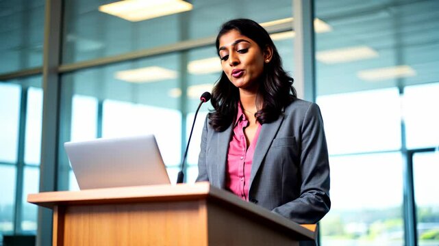 Smiling Indian businesswoman speaking at corporate conference podium with microphone.