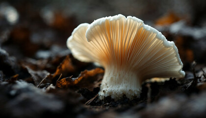 Mushroom growing in a forest with vibrant gills illuminated by soft sunlight over fallen leaves