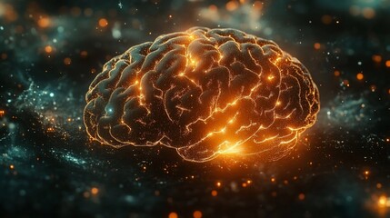 Fototapeta premium A vibrant, glowing brain in a cosmic nebula