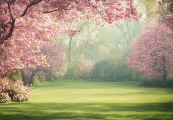 Serene spring garden with blooming pink trees and lush green lawn