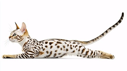 and white mixed breed cat, mid-stretch pose, striped pattern with rich texture, tail lifted, front legs extended, white background, clean isolation, lifelike digital style tabby cat striped 