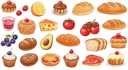 Delicious assorted fruits, breads, cakes, and other sweet and savory baked goods arranged