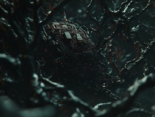 roots circuit board morphing into a neural forest of electric