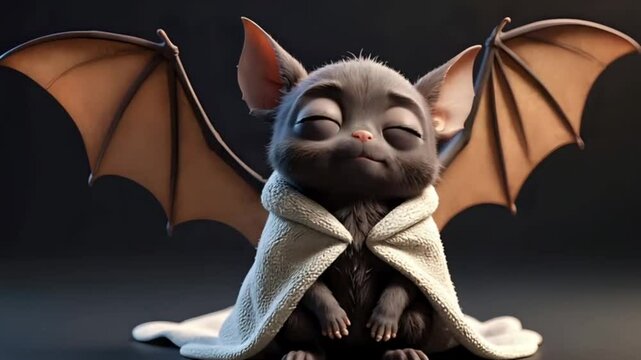 Cute Cartoon Bat Wrapped in Blanket with Big Eyes