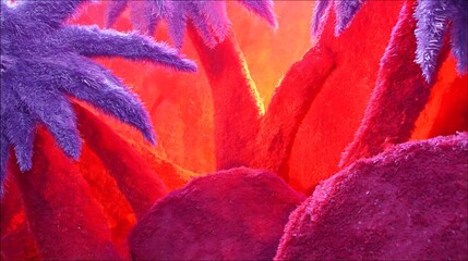 Fototapeta premium Abstract art piece with purple palm trees and red and pink textured shapes, resembling a landscape