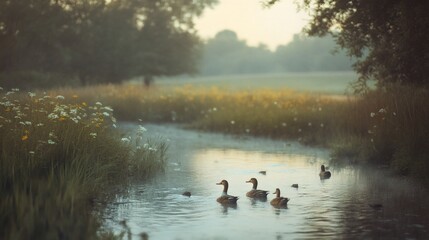 Naklejka premium Ducks swim dawn misty creek wildflowers idyllic nature scene