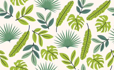 Modern abstract tropical seamless pattern. Exotic Jungle blooming background. Hand drawn botanical flower collage. Contemporary boho print with tropical leaves, monstera, palm tree, plants.