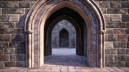 Fototapeta premium Stone archway leading to a series of receding arches in a medieval castle setting.