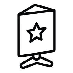 Tripod stand with star poster line icon, exhibition concept. Vector graphics. Stand and banner with star, advertising sign on white background, style for mobile or design.