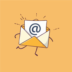 Running Email Envelope with At Symbol Illustration. Vector Image