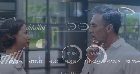 Image of digital interface, financial data processing over caucasian businesspeople