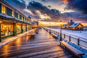 Fototapeta premium Deserted Winter Boardwalk: Closed Shops & Restaurants, Aerial View