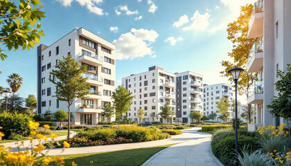 Modern apartment complex in a sunny urban park setting with vibrant greenery and blue skies during the afternoon
