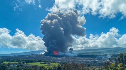 Fototapeta premium View of an erupting volcano, showing the progression of the lava flow and ash clouds. generative ai