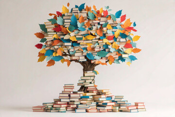 Whimsical Book Tree with Colorful Paper Leaves, Imaginative Library Art, Surreal Book Sculpture, Fantasy Literature Concept, Creative Stacked Books Design