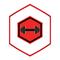 Gym fitness dumbbell workout exercise training strength weightlifting powerlifting red and black hexagon logo