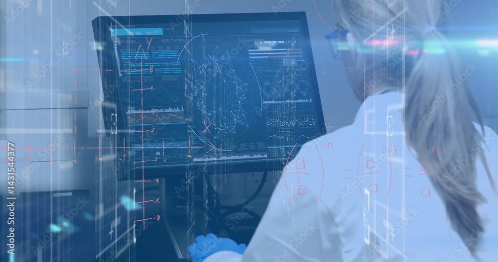 Poster image of data processing over female caucasian scientist using computer