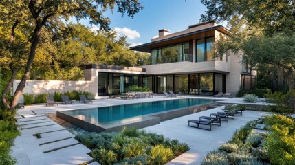 Fototapeta premium Modern luxury home with infinity pool, patio, and lush landscaping.