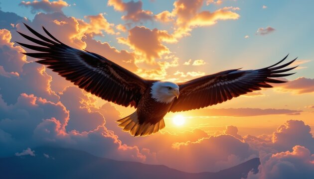 A soaring eagle filled with clouds and sunsets, capturing the essence of freedom and the sky.