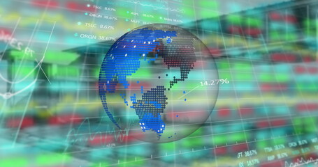 Obraz premium Image of globe over financial graphs and data