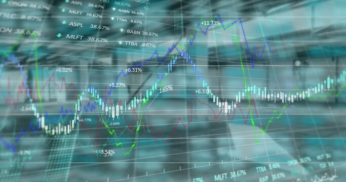 Image of financial data processing over empty warehouse
