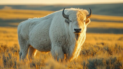 Majestic White Bison in Golden Meadow