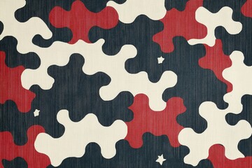 Abstract camouflage pattern featuring red, navy, and cream colors.