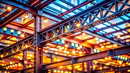 Obraz premium Construction Site: Metal Frame Building Roof Structure with Bokeh Effect