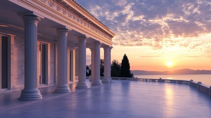 Obraz premium Grand colonnaded terrace at sunset overlooking a serene sea