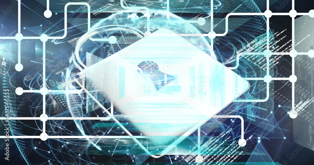 Poster image of network of connections over padlock icon and data processing on black background